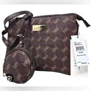 Nicole Miller Purse w/Pouch Logo brown mix Gold Hardware Shoulder Crossbody Bag